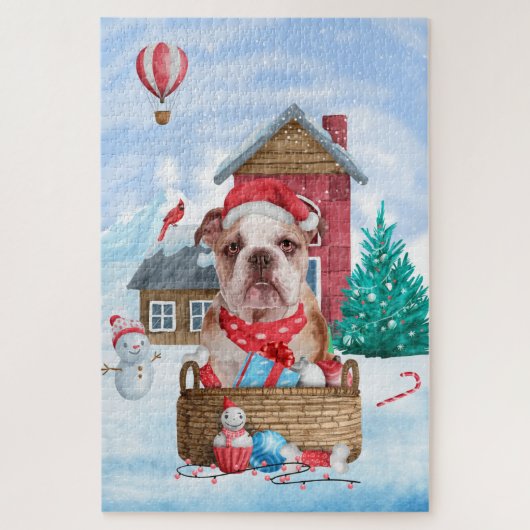 Englischer Bulldog im Schnee Weihnachts-Hundehaus Puzzle (Vertikal)