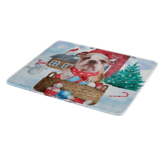Englischer Bulldog im Schnee Weihnachts-Hundehaus Schneidebrett (Ecke)