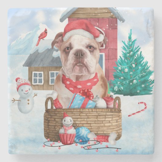 Englischer Bulldog im Schnee Weihnachts-Hundehaus Steinuntersetzer (Vorderseite)