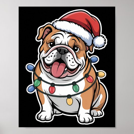 Englischer Bulldog ist in Weihnachtsbeleuchtung um Poster (Vorne)