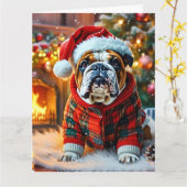 Englischer Bulldog mit einer Weihnachtsmannmütze Karte (Gelbe Blume)