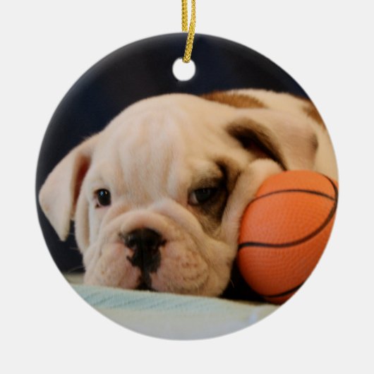 Englischer Bulldoggen-Basketball-Welpe Keramikornament (Vorne)