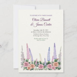 Englischer Gartenrand Lupinen und Rosen Hochzeit Einladung