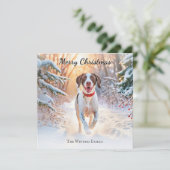Englischer Pointer Hund läuft im Schnee Weihnachte Feiertagskarte (Stehend Vorderseite)
