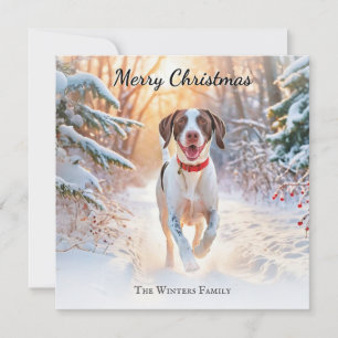Englischer Pointer Hund läuft im Schnee Weihnachte Feiertagskarte
