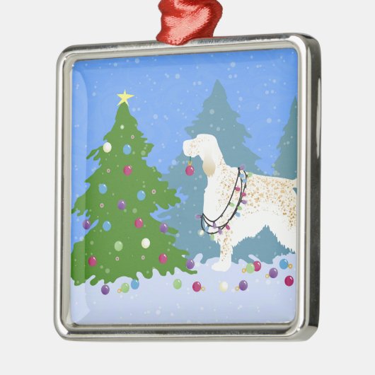 Englischer Setter Dekorationsbaum im Wald Silbernes Ornament (Links)