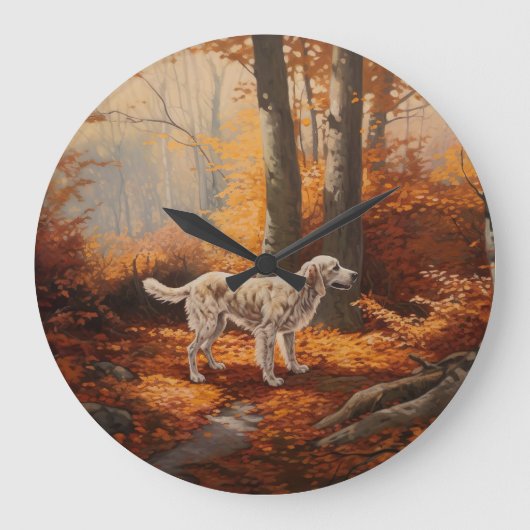 Englischer Setter im Herbst Leaves Fall Inspiriert Große Wanduhr (Vorderseite)