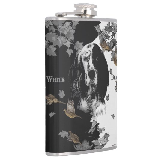 Englischer Setter in Schwarzweiß Flachmann (Rechts)