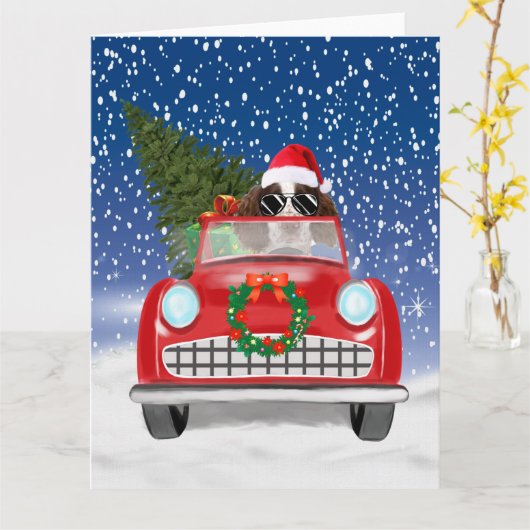 Englischer Springer Spaniel Dog Car im Schnee Weih Karte (Gelbe Blume)