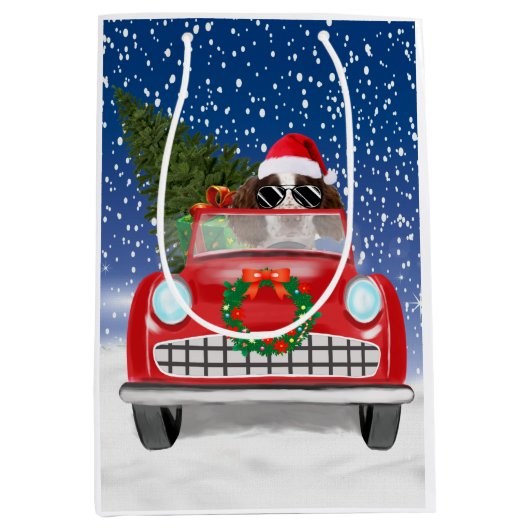 Englischer Springer Spaniel Dog Car im Schnee Weih Mittlere Geschenktüte (Vorderseite)