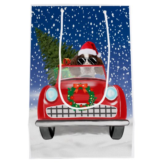 Englischer Springer Spaniel Dog Car im Schnee Weih Mittlere Geschenktüte (Rückseite)