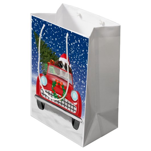Englischer Springer Spaniel Dog Car im Schnee Weih Mittlere Geschenktüte (Rückseite Schrägansicht)