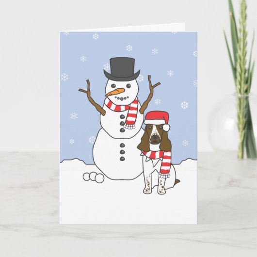 Englischer Springer-Spaniel und Schneemann Feiertagskarte (Vorderseite)