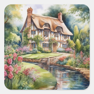 Englisches Cottage Quadratischer Aufkleber