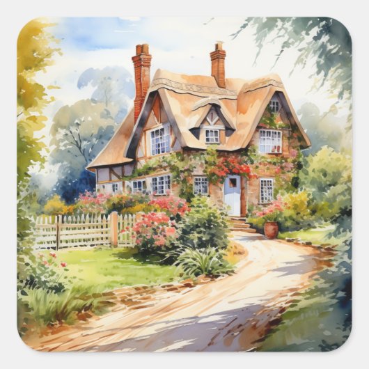 Englisches Cottage Quadratischer Aufkleber (Vorderseite)