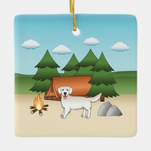 Englisches Cream Golden Retriever Camping im Wald Keramikornament (Vorderseite)