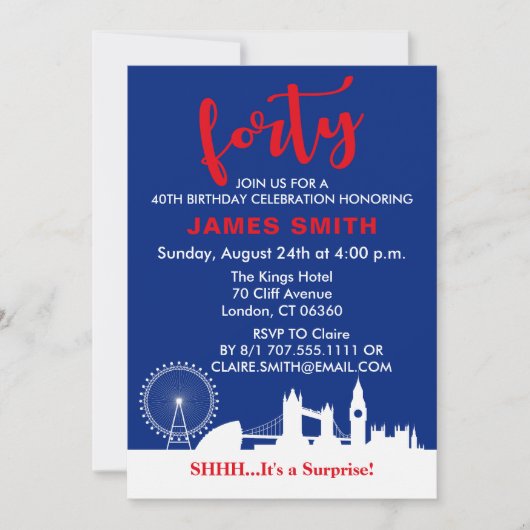 Englisches Thema 40. Geburtstag Party Einladung (Vorderseite)
