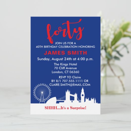 Englisches Thema 40. Geburtstag Party Einladung (Stehend Vorderseite)