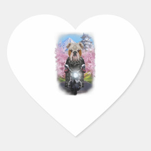 English Bulldog auf Motorrad Tour Japanisch Sakura Herz-Aufkleber