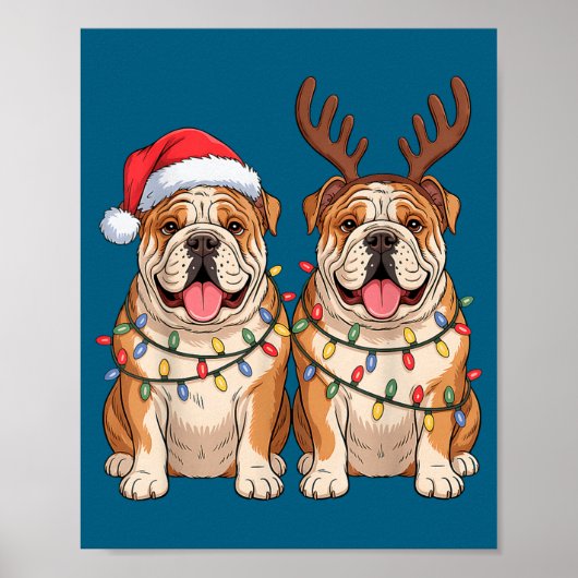 English Bulldog Christmas Santa Hat Reindeer Light Poster (Vorne)