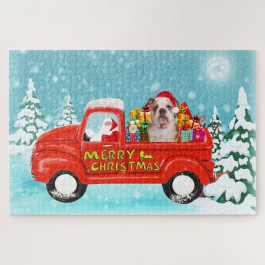 English Bulldog Christmas Weihnachtsmann Truck Puzzle (Horizontal)