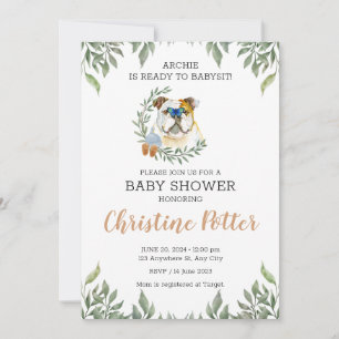English Bulldog Dog Greenery Boho Baby Shower Einladung