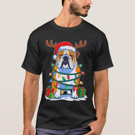 English Bulldog Dog Tree Christmas Lights Funny Xm T-Shirt (Vorderseite)