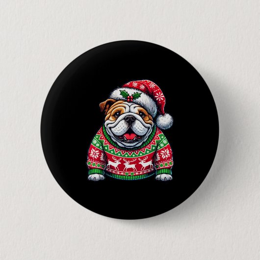 English Bulldog Dog Ugly Sweater Santa Hat Christm Button (Vorderseite)