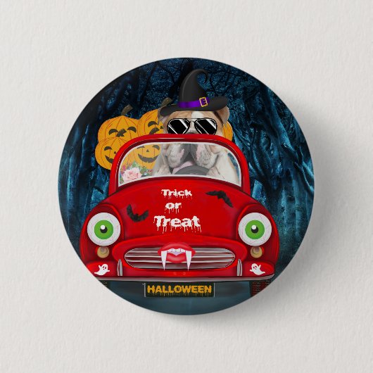 English Bulldog Driving Car Beängstigend Halloween Button (Vorderseite)