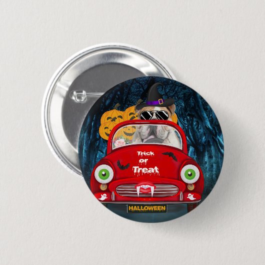 English Bulldog Driving Car Beängstigend Halloween Button (Vorne & Hinten)