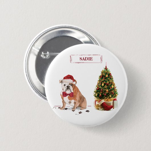 English Bulldog Funny Christmas Dog mit Baum Button (Vorne & Hinten)