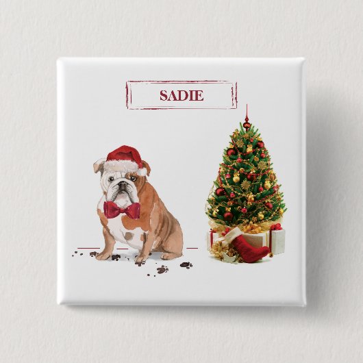 English Bulldog Funny Christmas Dog mit Baum Button (Vorderseite)