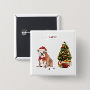 English Bulldog Funny Christmas Dog mit Baum Button