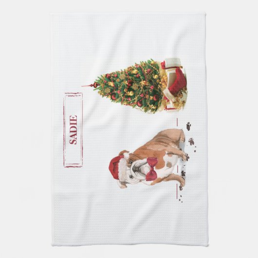 English Bulldog Funny Christmas Dog mit Baum Geschirrtuch (Vertikal)