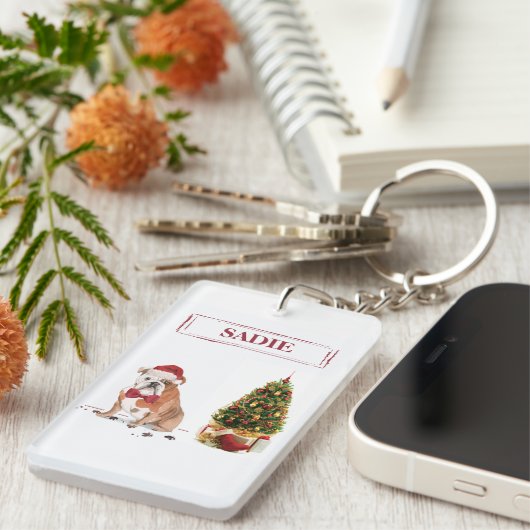 English Bulldog Funny Christmas Dog mit Baum Schlüsselanhänger (Vorderseite rechts)