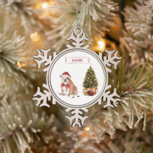English Bulldog Funny Christmas Dog mit Baum Schneeflocken Zinn-Ornament