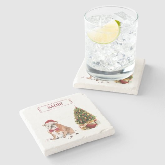 English Bulldog Funny Christmas Dog mit Baum Steinuntersetzer (Seitenansicht)