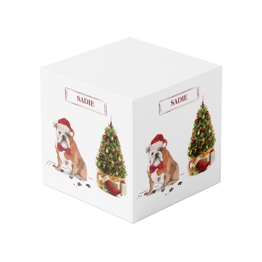 English Bulldog Funny Christmas Dog mit Baum Würfel (Rückseite Schrägansicht)