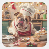 English Bulldog Holiday Baking: Festliche Weihnach Quadratischer Aufkleber (Vorderseite)