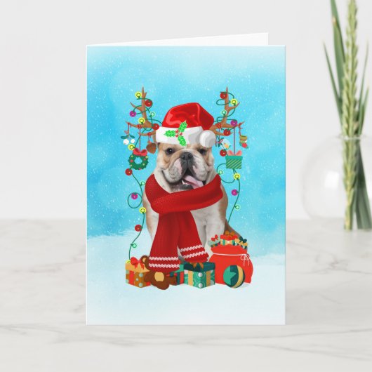 English Bulldog im Schnee mit Weihnachtsgeschenken Karte (Vorderseite)