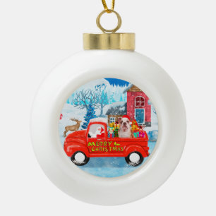 English Bulldog in Christmas Delivery Truck Schnee Keramik Kugel-Ornament