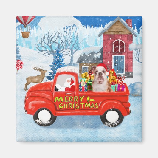 English Bulldog in Christmas Delivery Truck Schnee Magnet (Vorne)