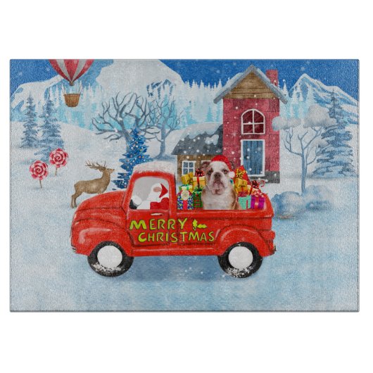 English Bulldog in Christmas Delivery Truck Schnee Schneidebrett (Vorderseite)