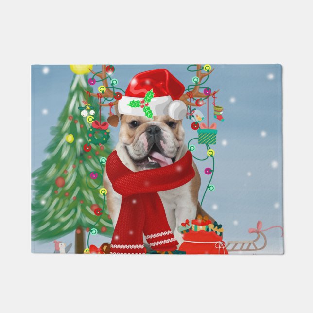 English Bulldog in Snow mit Weihnachtsgeschenken Fußmatte (Vorderseite)