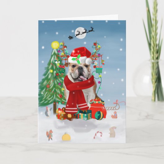 English Bulldog in Snow mit Weihnachtsgeschenken Karte (Vorderseite)
