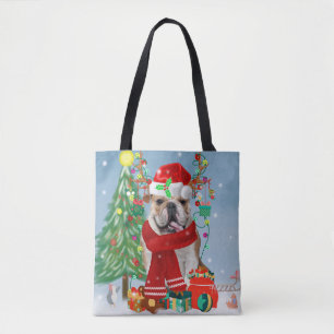 English Bulldog in Snow mit Weihnachtsgeschenken Tasche