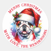 English Bulldog in Weihnachtsmannmütze Personalisi Runder Aufkleber (Vorderseite)