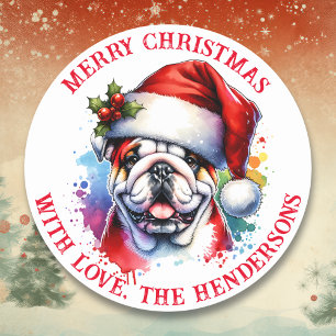 English Bulldog in Weihnachtsmannmütze Personalisi Runder Aufkleber
