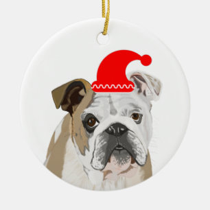 English Bulldog mit einer roten Weihnachtsmannmütz Keramik Ornament