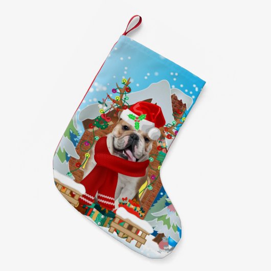 English Bulldog mit Weihnachtsgeschenken Kleiner Weihnachtsstrumpf (Vorderansicht (hängend))